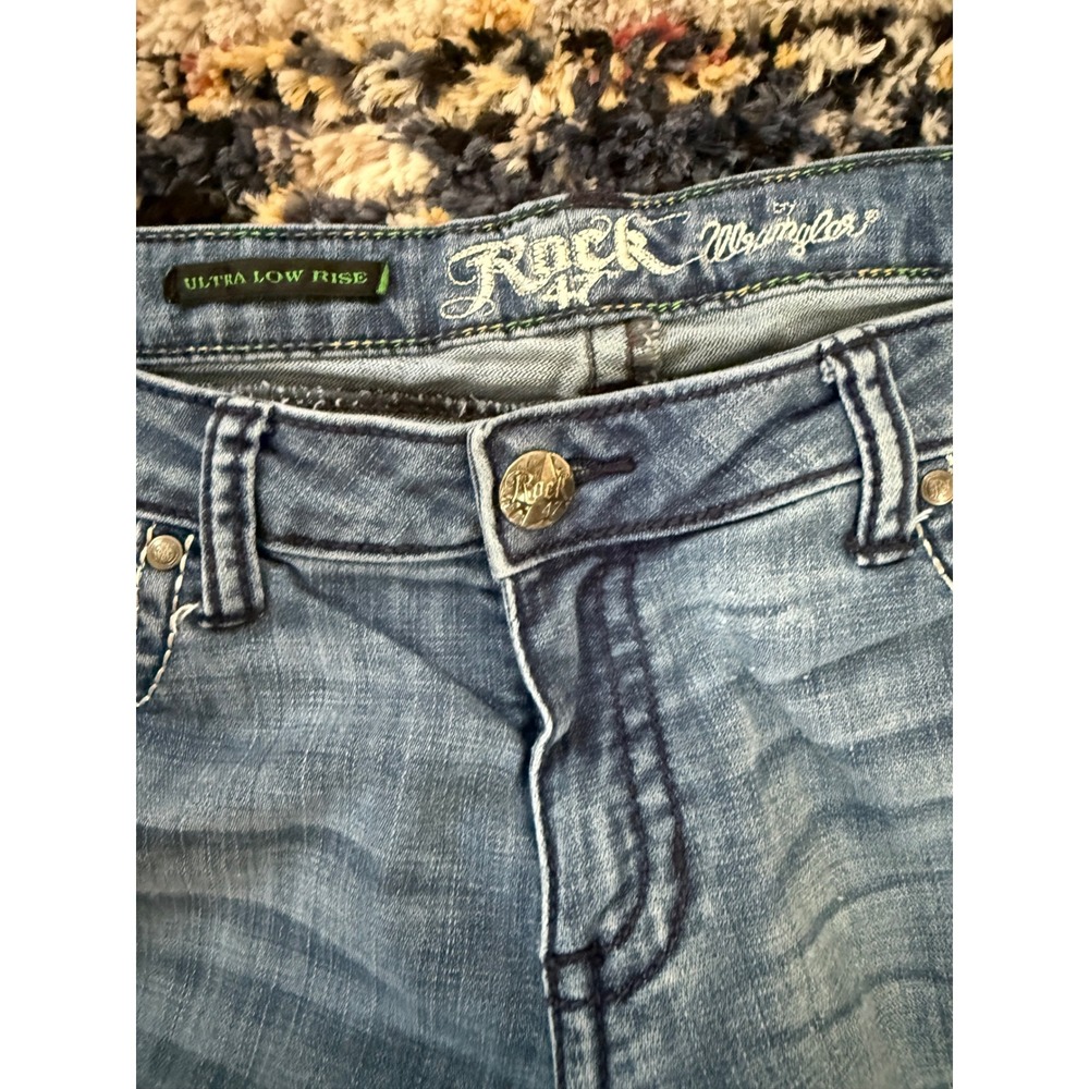 Rock 47 by Wrangler Womens Ultra Low Rise Bootcut Jeans Blue Embroidered 33x31 - Picture 5 of 9